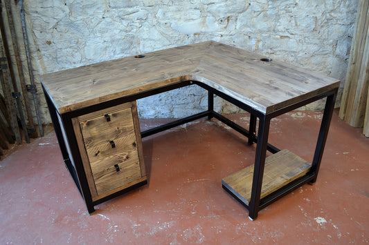 Industrial Corner Desk with Drawers & PC Shelf