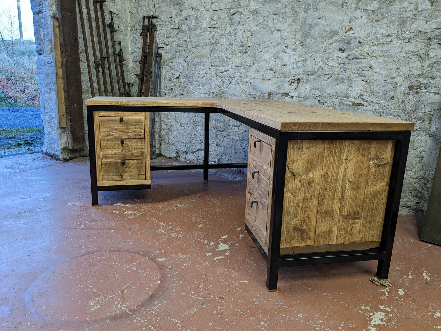 Industrial Corner Desk with Drawers