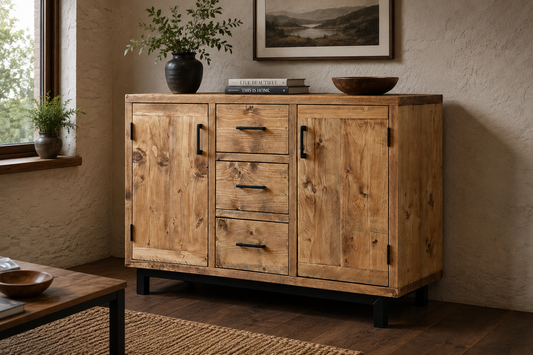 A rustic wooden sideboard cabinet with three drawers and two doors, shown in a styled room setting with a window, textured wall, and decorative items on top.