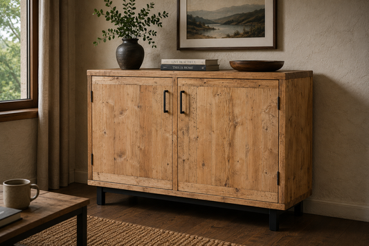 A rustic light brown wooden sideboard cabinet with two doors and black metal handles, styled in a cozy room setting with a vase, books, and a bowl on top.