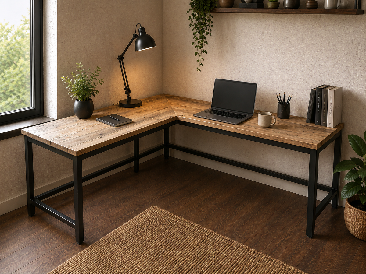 An L-shaped corner desk with a rustic light brown wood top and a black metal frame, styled in a home office setting with a laptop, lamp, mug, and plants.