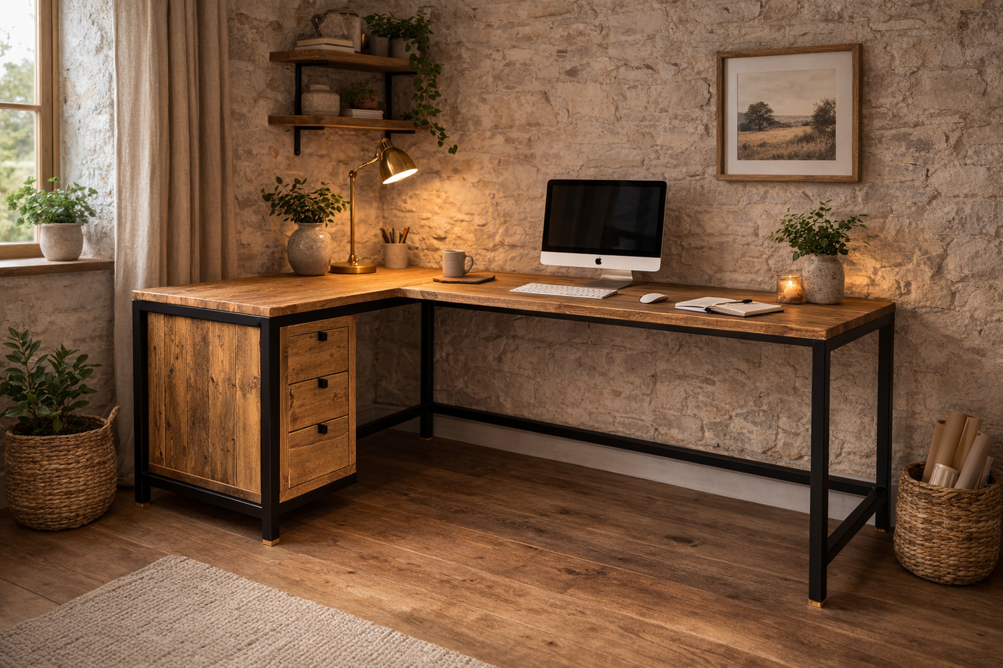 An L-shaped corner desk with a rustic wood top and black metal frame, styled in a home office setting with a computer, lamp, plants, and stone wall background.