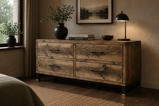 A rustic wooden dresser with four drawers and dark metal handles, styled in a warm, cozy bedroom setting with a lamp, books, and potted plants.