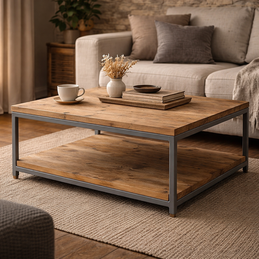 A square coffee table with a rustic brown wood top and shelf, supported by a dark gray metal frame, styled in a cozy living room setting.