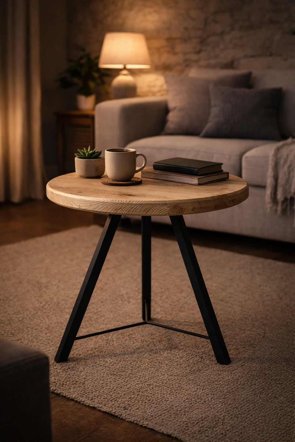 A round wooden coffee table with a black metal tripod base, styled in a cozy living room setting with a mug, a small plant, and a book on top.