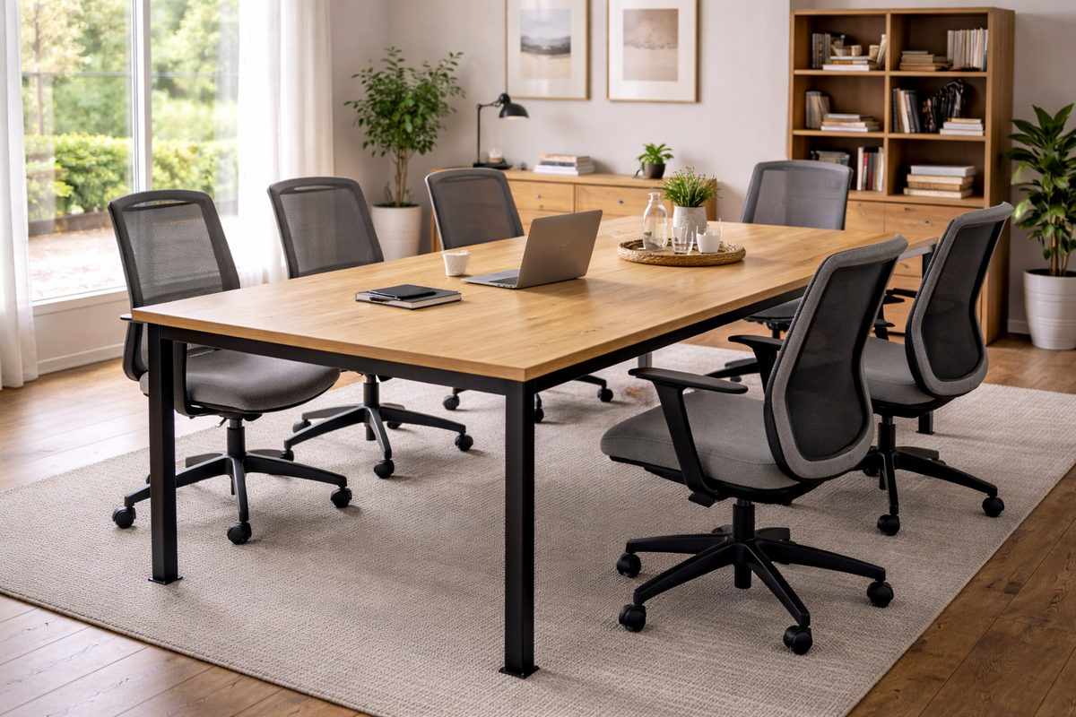 A modern meeting room setup featuring a rectangular wooden conference table with black metal legs, surrounded by seven gray mesh office swivel chairs on a light beige rug. The room has hardwood floors, a wooden bookshelf, and large windows.