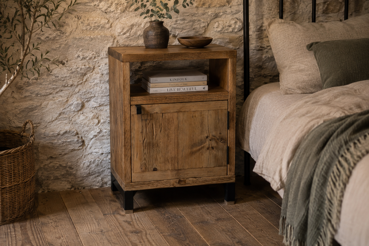A rustic wooden nightstand with a single cabinet door and open shelf, styled in a bedroom next to a bed with neutral bedding and a stone wall background.