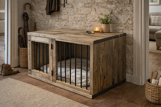 Wooden pet crate with metal bars in a home setting
