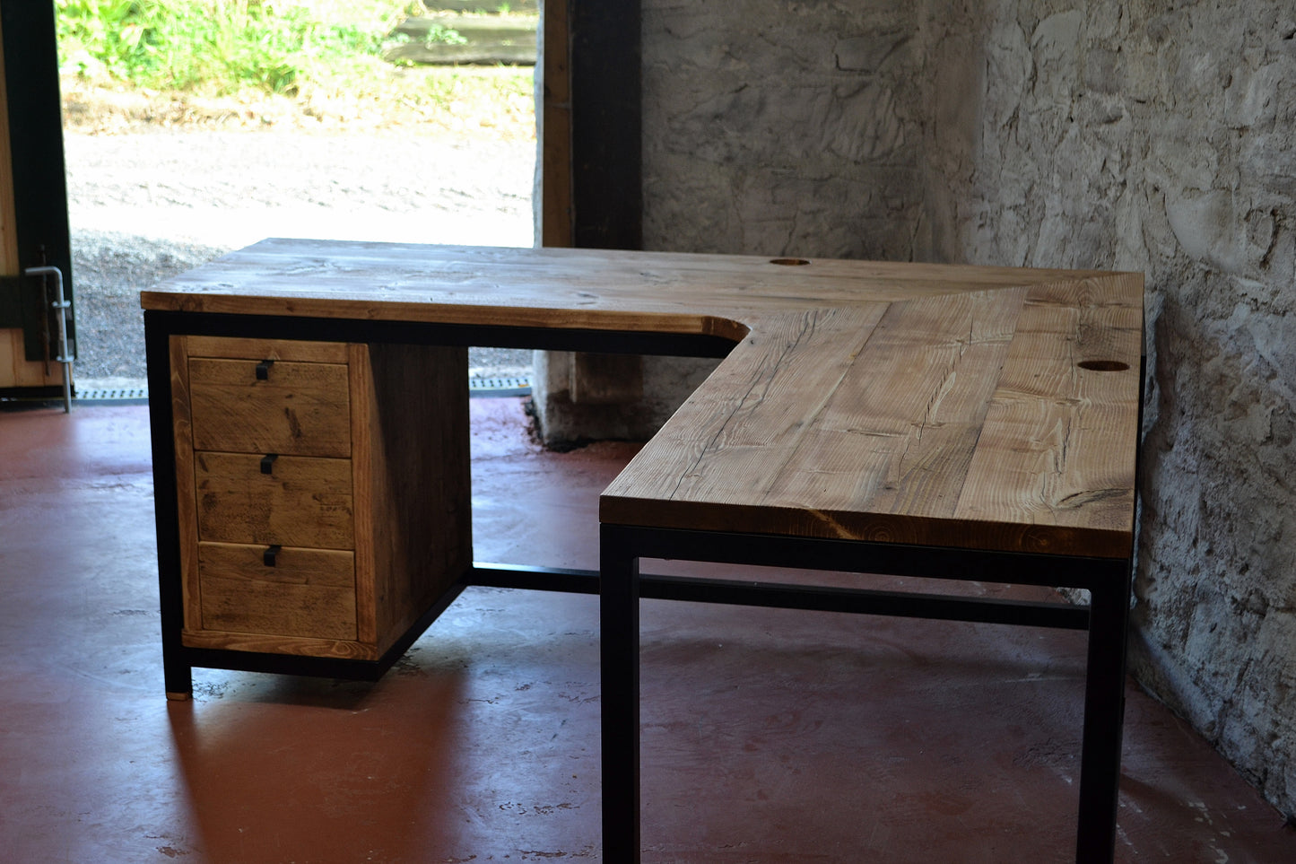 Industrial Corner Desk with Drawers