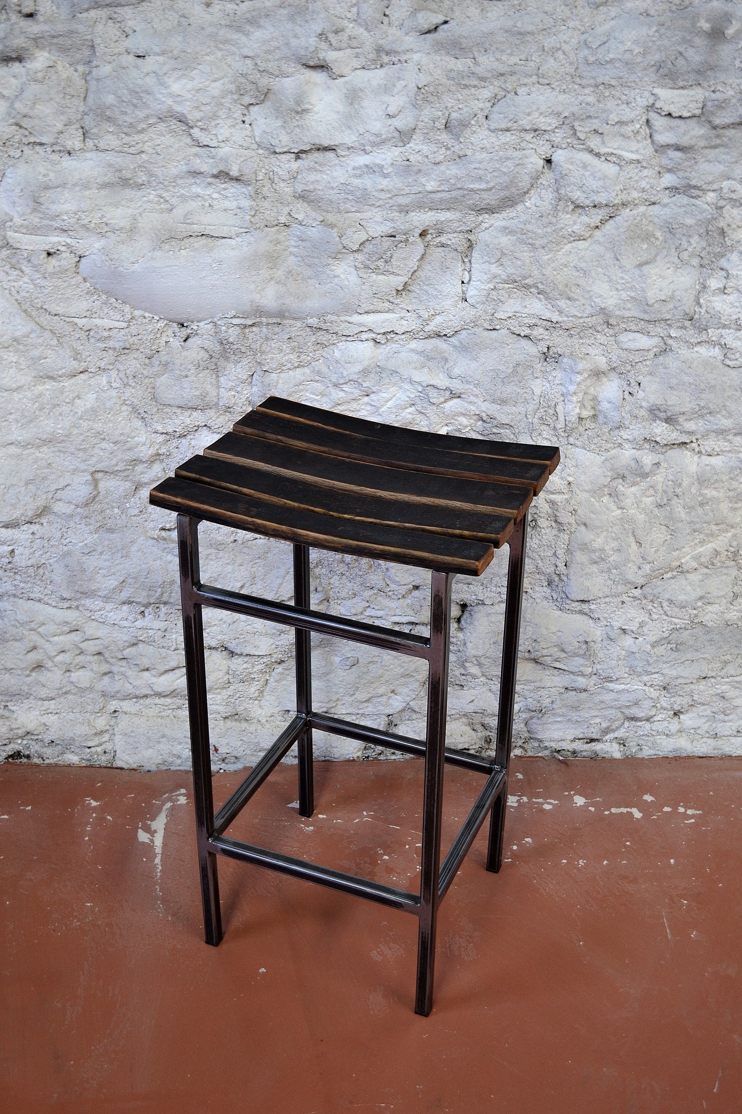 Industrial Bar Stool with Reclaimed Oak Barrel Staves