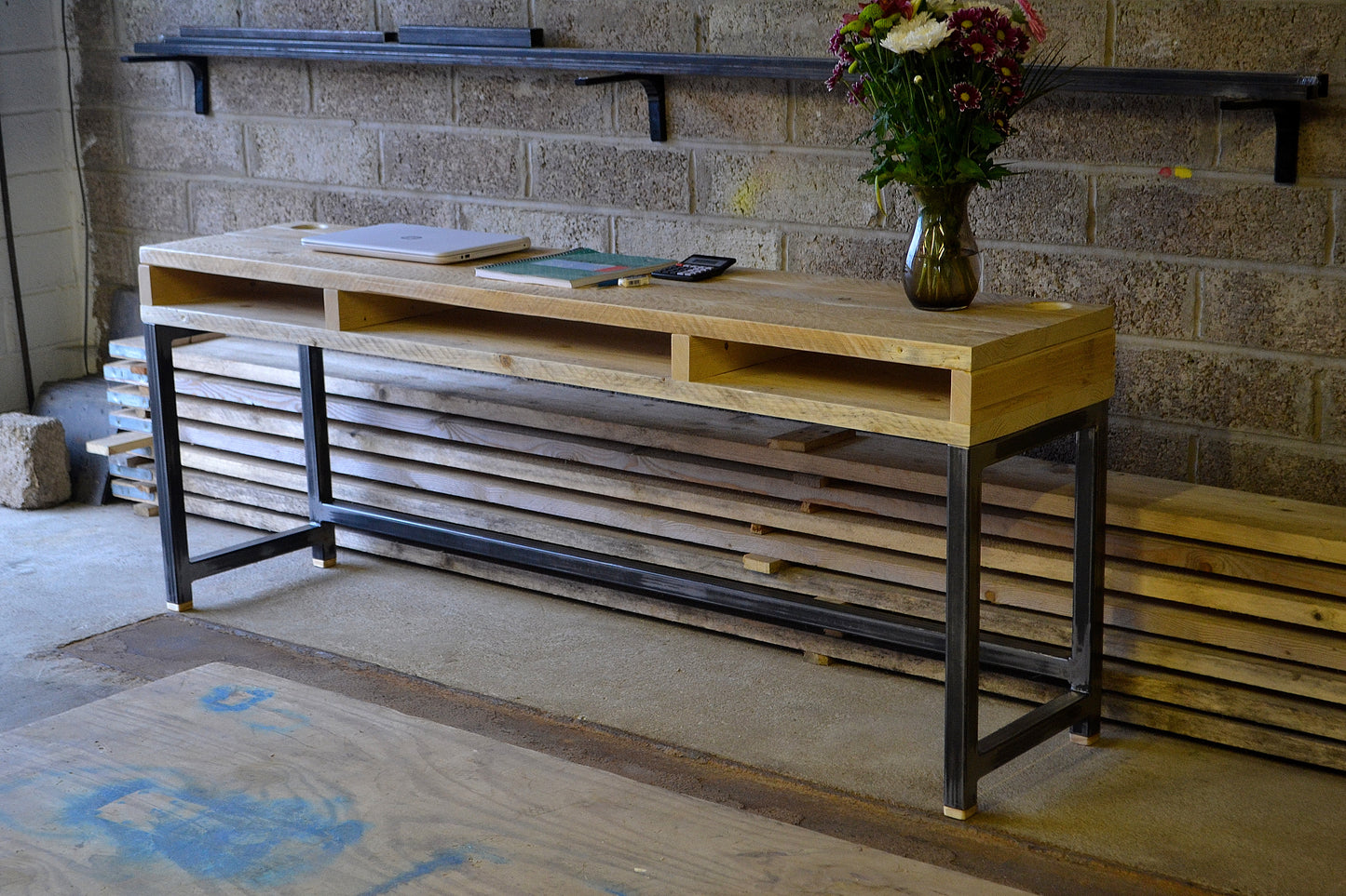 Industrial Office Desk with Storage Cubbies