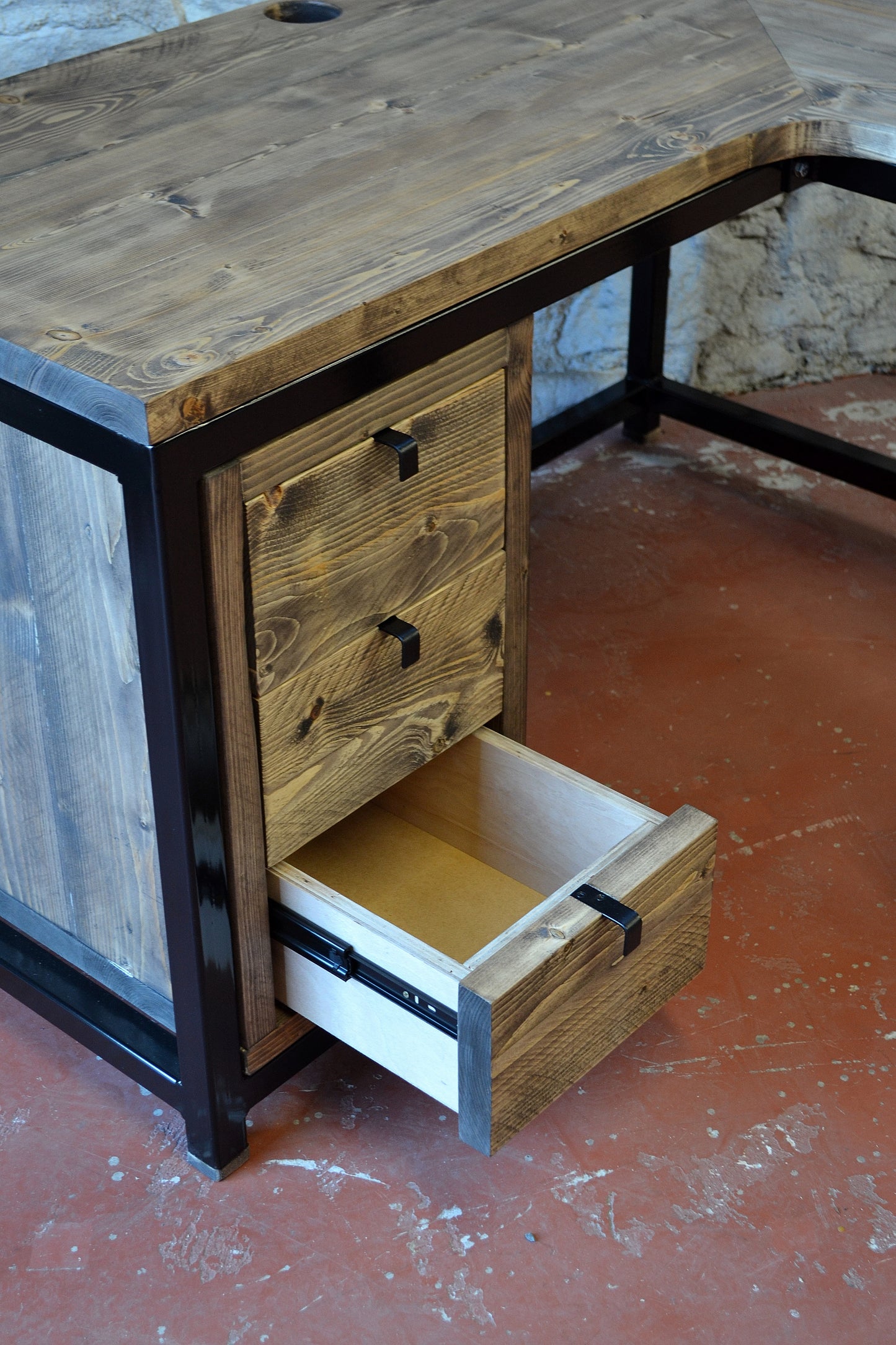 Industrial Corner Desk with Drawers & PC Shelf