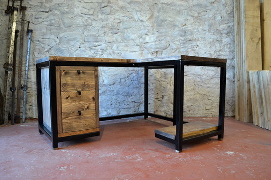 Industrial Corner Desk with Drawers & PC Shelf