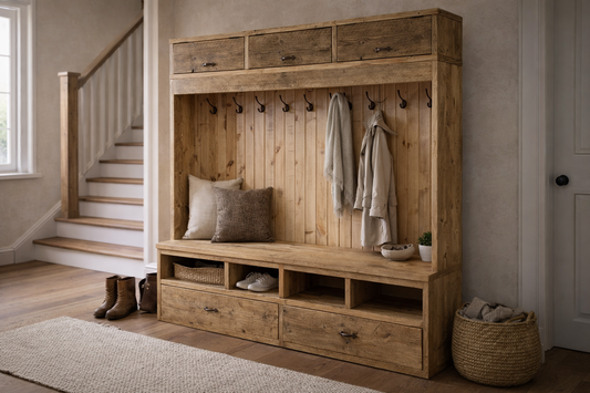 A large rustic wooden entryway console with built-in bench seating, coat hooks, storage cubbies, and drawers, shown in a styled home entryway next to a staircase.