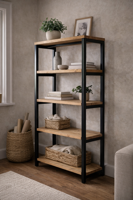 A 5-tier industrial shelving unit with natural wood shelves and a black metal frame, styled with books, baskets, and plants in a cozy room setting.