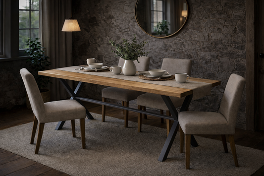 A rustic dining room scene featuring a rectangular wooden dining table with black metal X-style legs, surrounded by four upholstered dining chairs in a neutral beige fabric. The table is set with white ceramic cups, plates, and a small white vase with greenery.
