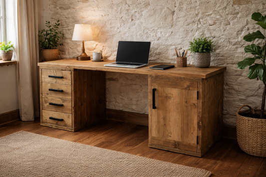 A rustic wooden writing desk with a five-drawer left cabinet, a single door on the right, and a thick natural wood top, styled in a home office setting with a stone wall, lamp, laptop, and plants.