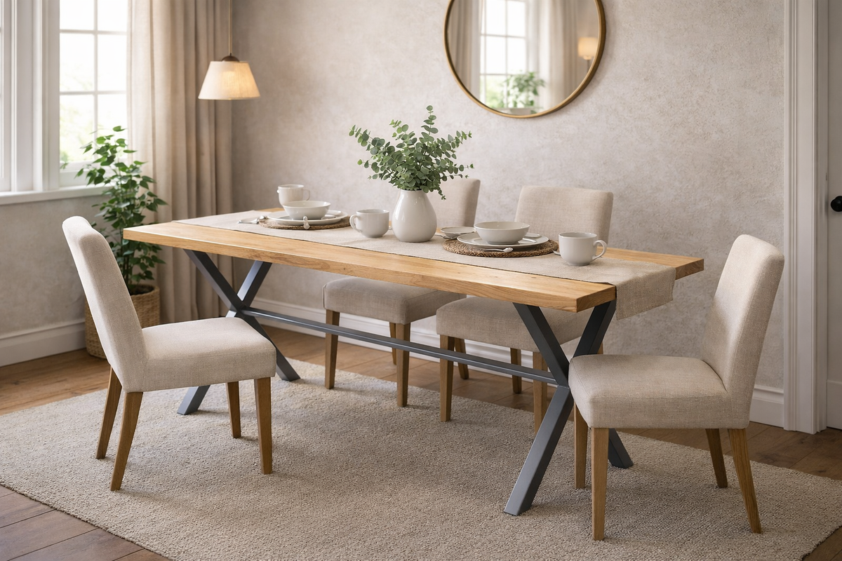 A modern dining table set in a bright, neutral-toned dining room. The table has a light natural wood top and dark gray metal X-shaped legs, surrounded by four upholstered dining chairs in a light beige fabric with light wood legs.