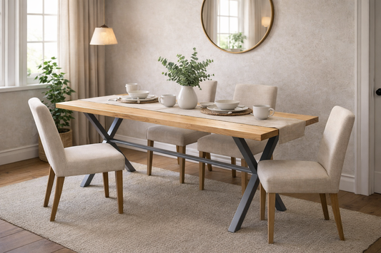 A modern dining table set in a bright, neutral-toned dining room. The table has a light natural wood top and dark gray metal X-shaped legs, surrounded by four upholstered dining chairs in a light beige fabric with light wood legs.