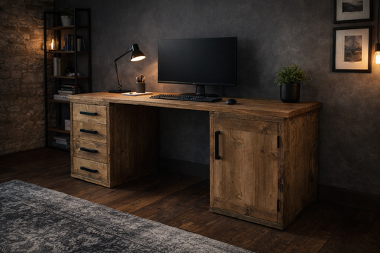 A rustic wooden computer desk with a five-drawer cabinet on the left and a single door on the right, styled in a dark home office with a computer, desk lamp, and plant.