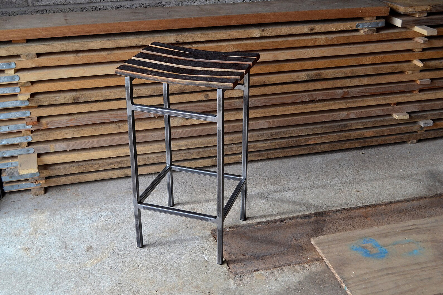 Industrial Bar Stool with Reclaimed Oak Barrel Staves